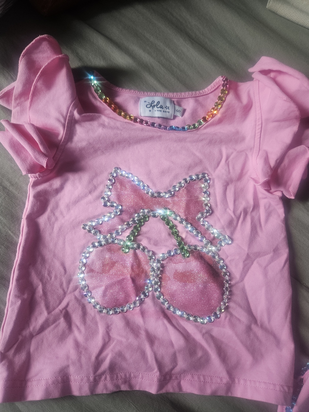 Lola + The Boys Pink Short Set Cherry & Rainbow Neck Trim